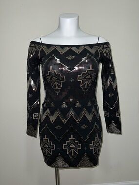 Express Black Off-Shoulder Sequin Aztec Mini Dress